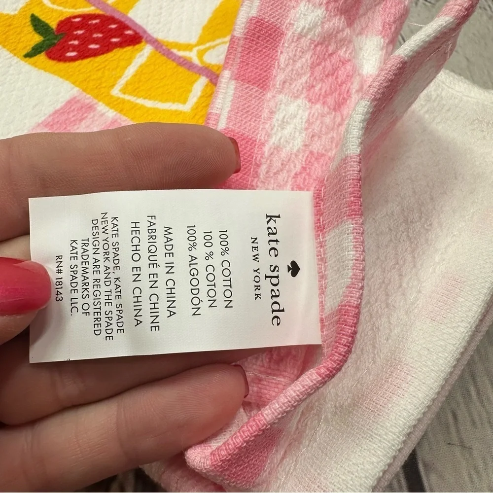 NWT Kate Spade Pink White Gingham Kitchen dish Towel strawberry lemonade